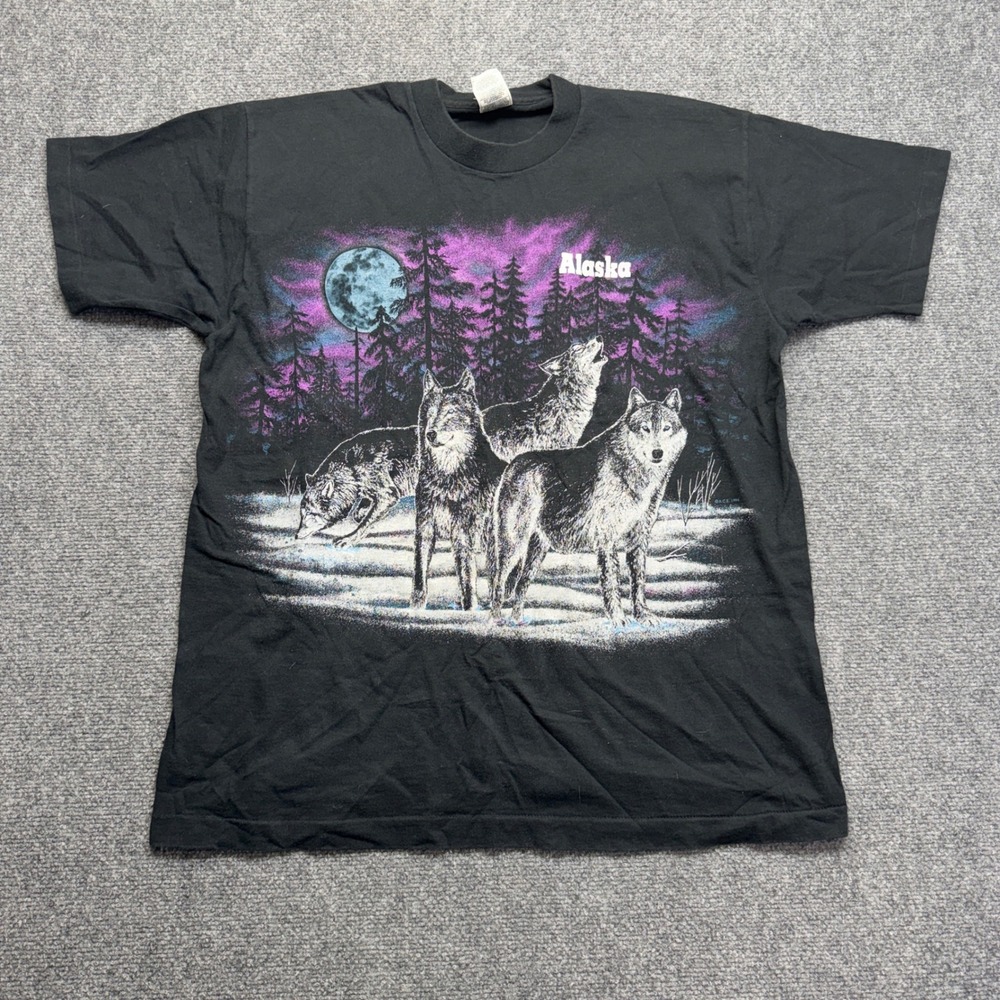 Vintage Fruit of the Loom Alaska Wolf Moon Graphic T-Shirt Black XL Made in USA